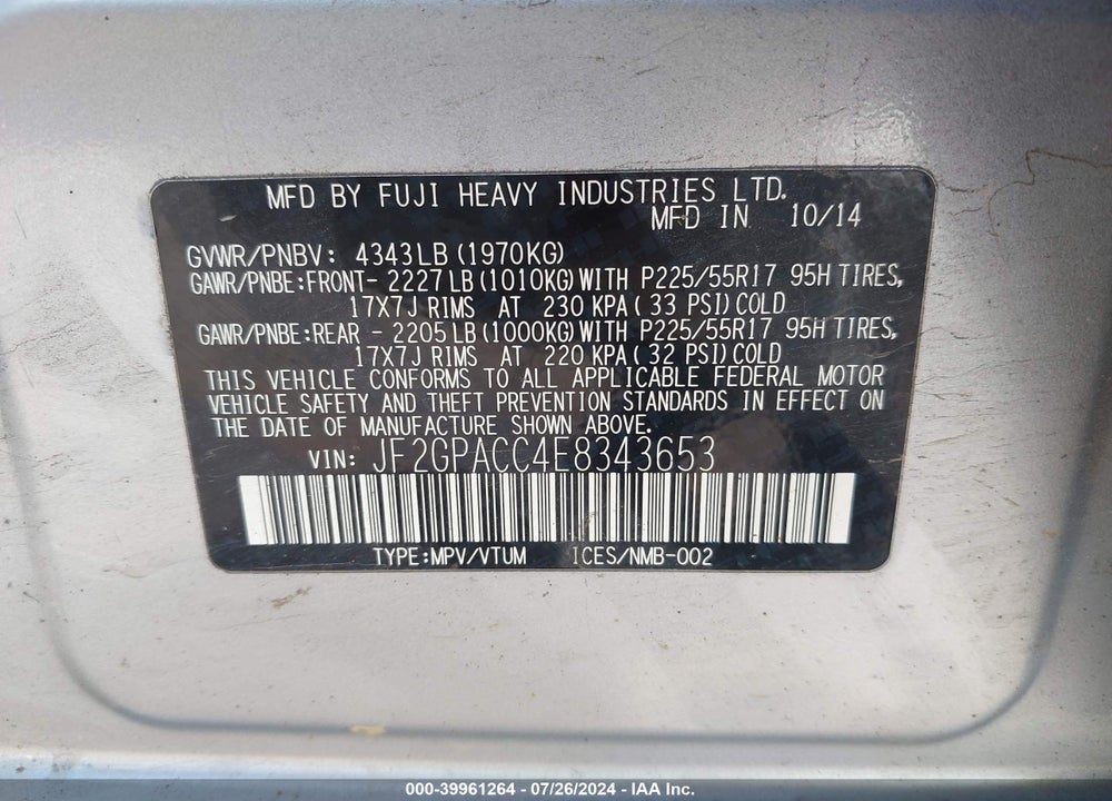 2014 SUBARU XV CROSSTREK 2.0I PREMIUM VIN: JF2GPACC4E8343653