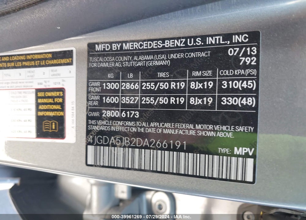 2013 MERCEDES-BENZ ML 350 VIN: 4JGDA5JB2DA266191