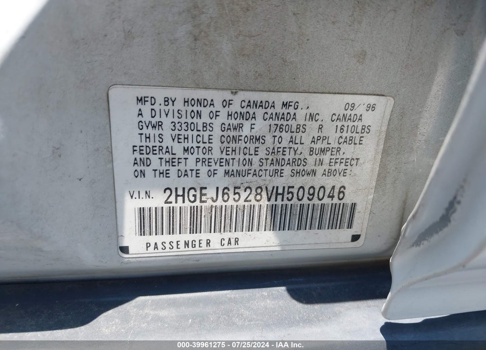 1997 HONDA CIVIC DX VIN: 2HGEJ6528VH509046