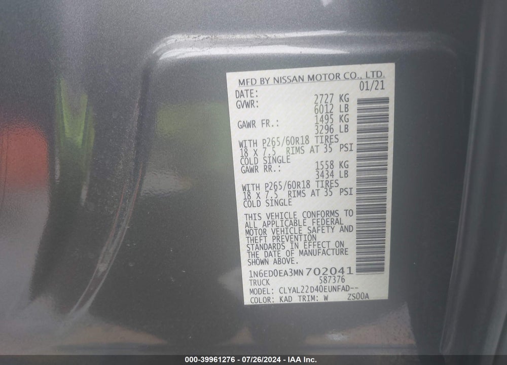 2021 NISSAN FRONTIER SV 4X2 VIN: 1N6ED0EA3MN702041