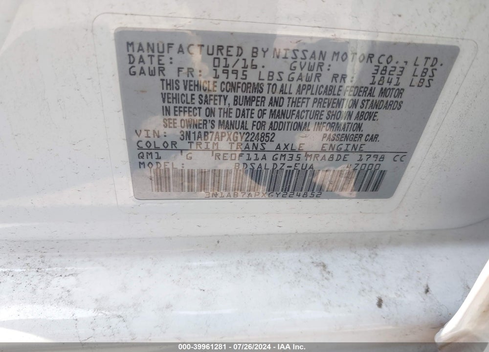 2016 NISSAN SENTRA VIN: 3N1AB7APXGY224852
