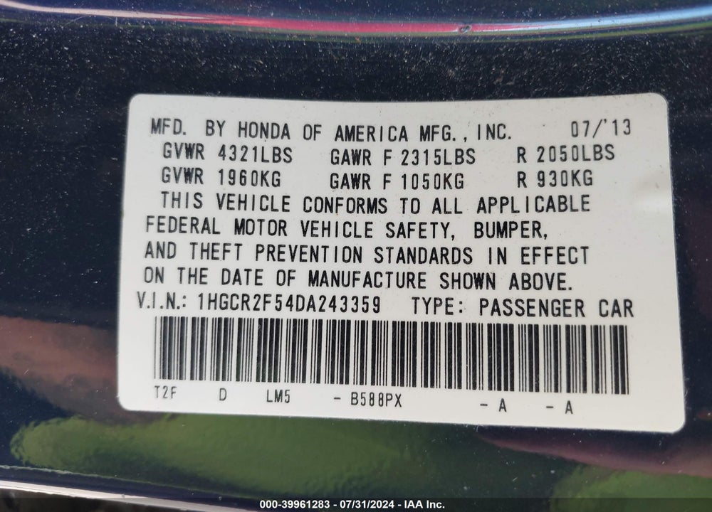 2013 HONDA ACCORD VIN: 1HGCR2F54DA243359