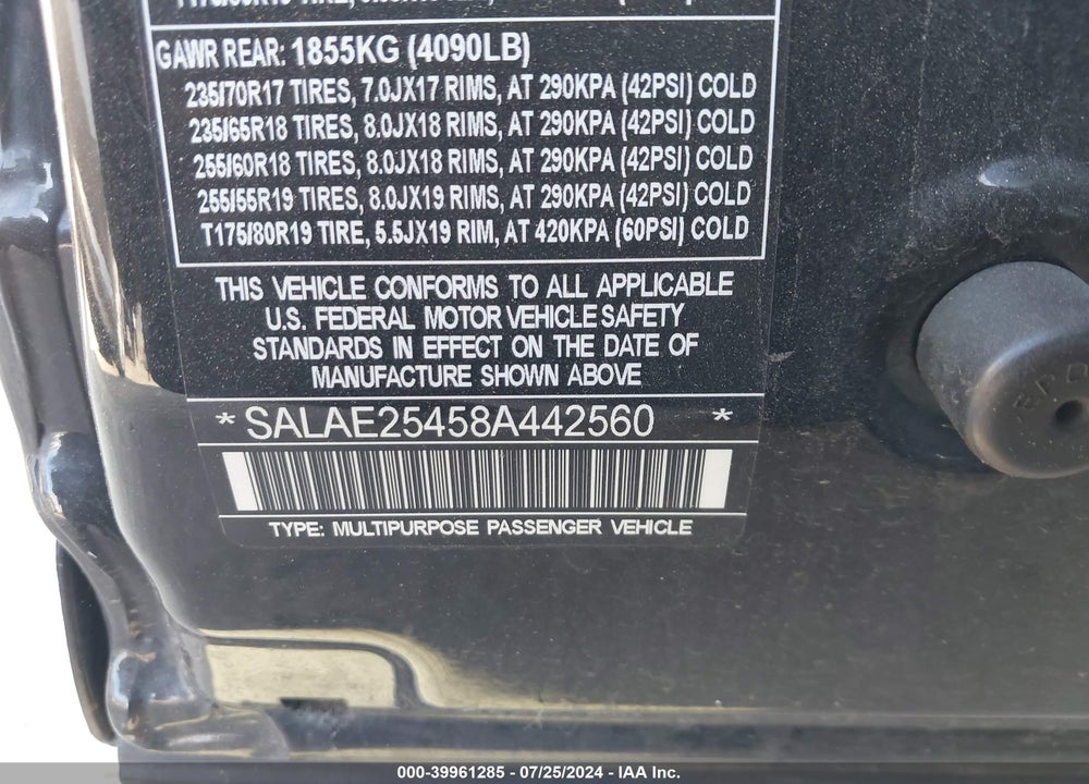 2008 LAND ROVER LR3 V8 SE VIN: SALAE25458A442560