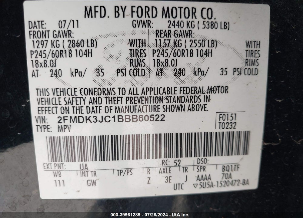 2011 FORD EDGE SEL VIN: 2FMDK3JC1BBB60522