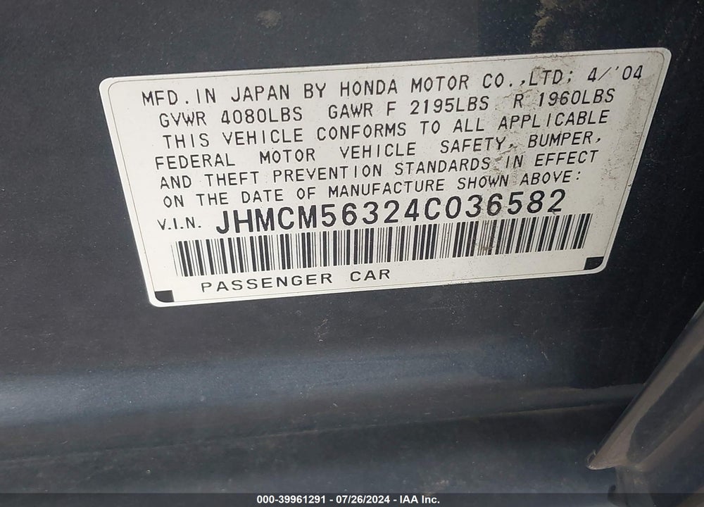 2004 HONDA ACCORD 2.4 LX VIN: JHMCM56324C036582