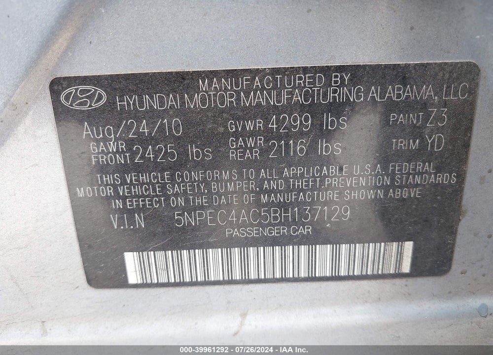2011 HYUNDAI SONATA LIMITED VIN: 5NPEC4AC5BH137129