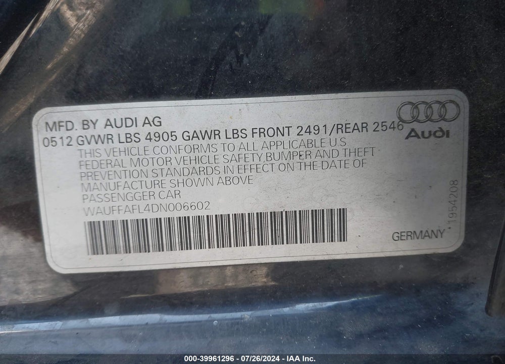 2013 AUDI A4 2.0T PREMIUM VIN: WAUFFAFL4DN006602