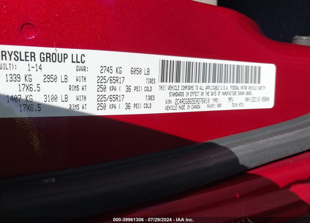 2014 DODGE GRAND CARAVAN SE VIN: 2C4RDGBG5ER276010