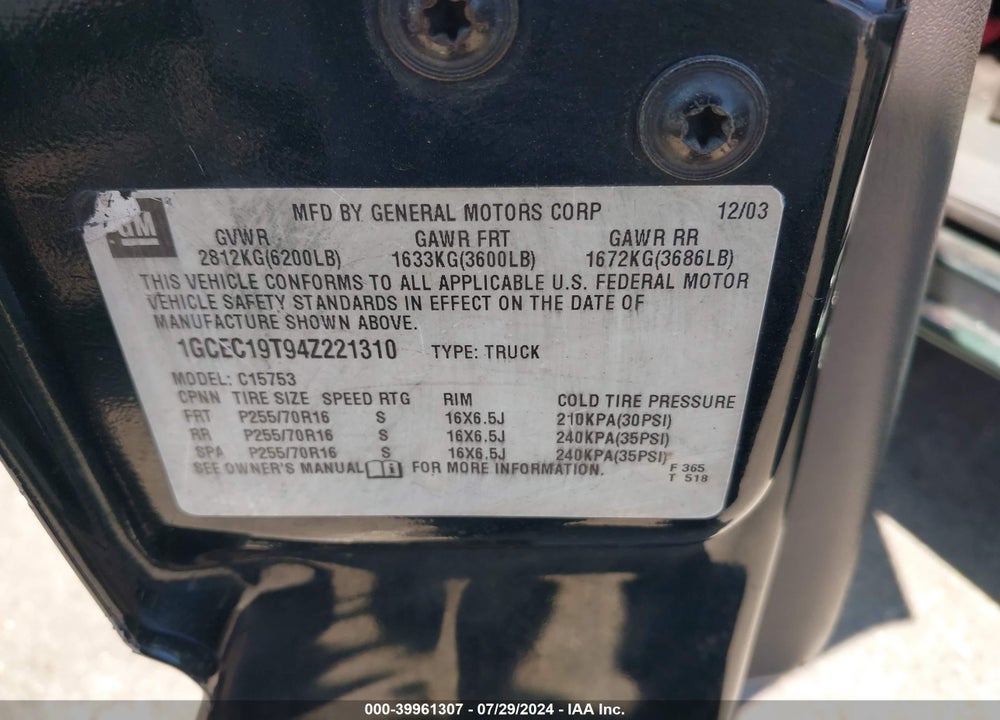 2004 CHEVROLET SILVERADO 1500 VIN: 1GCEC19T94Z221310