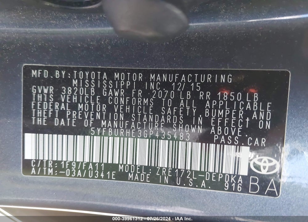 2016 TOYOTA COROLLA L VIN: 5YFBURHE3GP435483
