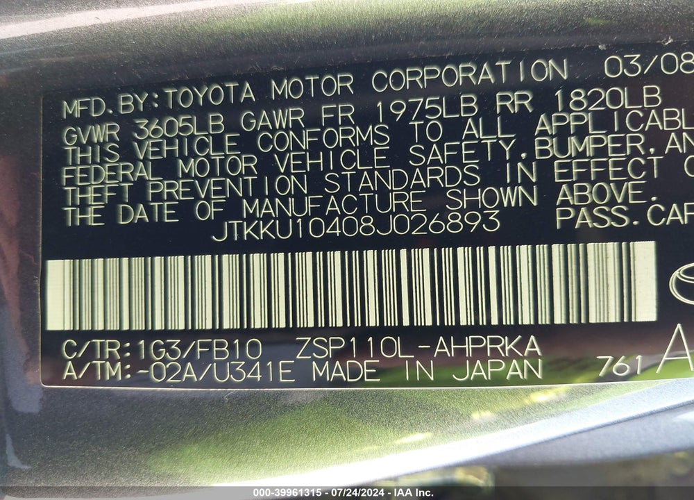 2008 SCION XD VIN: JTKKU10408J026893