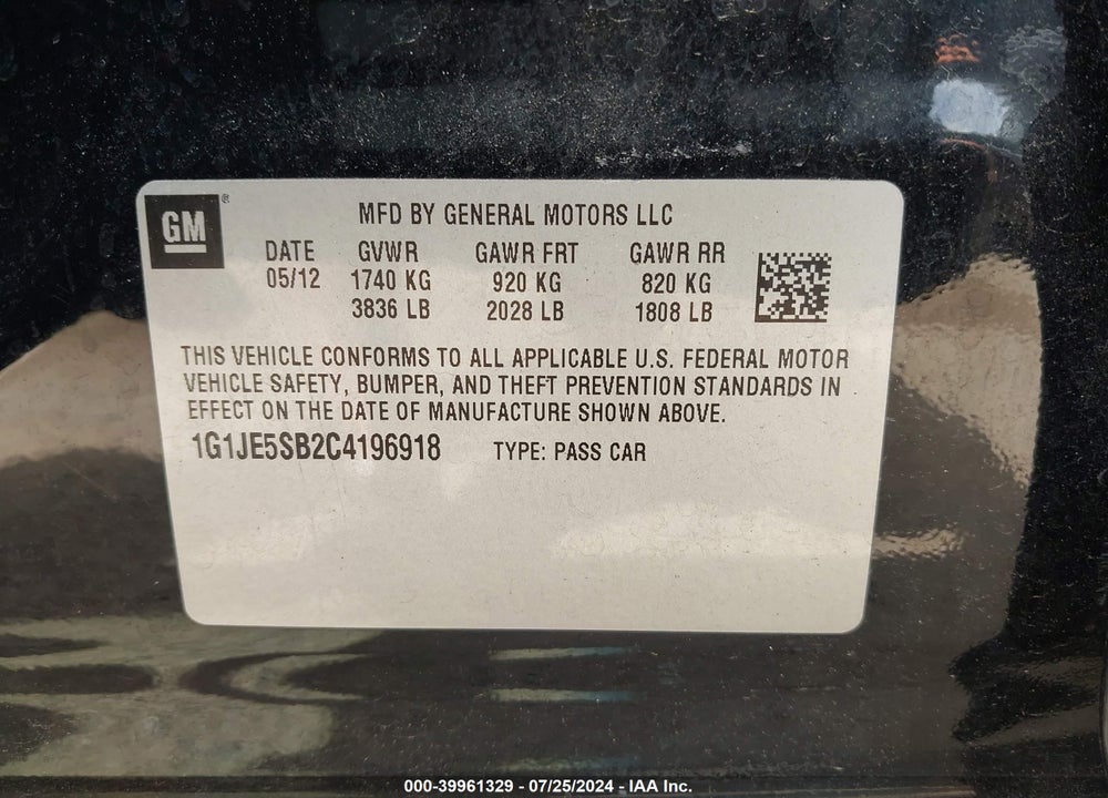 2012 CHEVROLET SONIC 2LZ VIN: 1G1JE5SB2C4196918