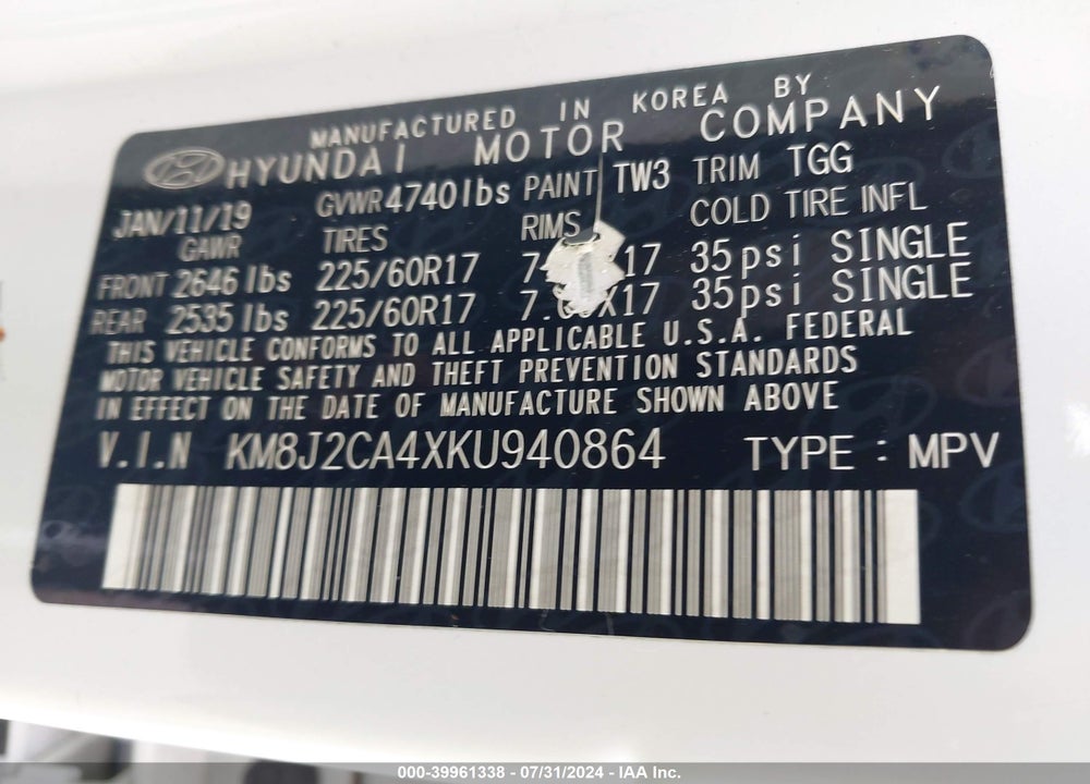 2019 HYUNDAI TUCSON SE VIN: KM8J2CA4XKU940864