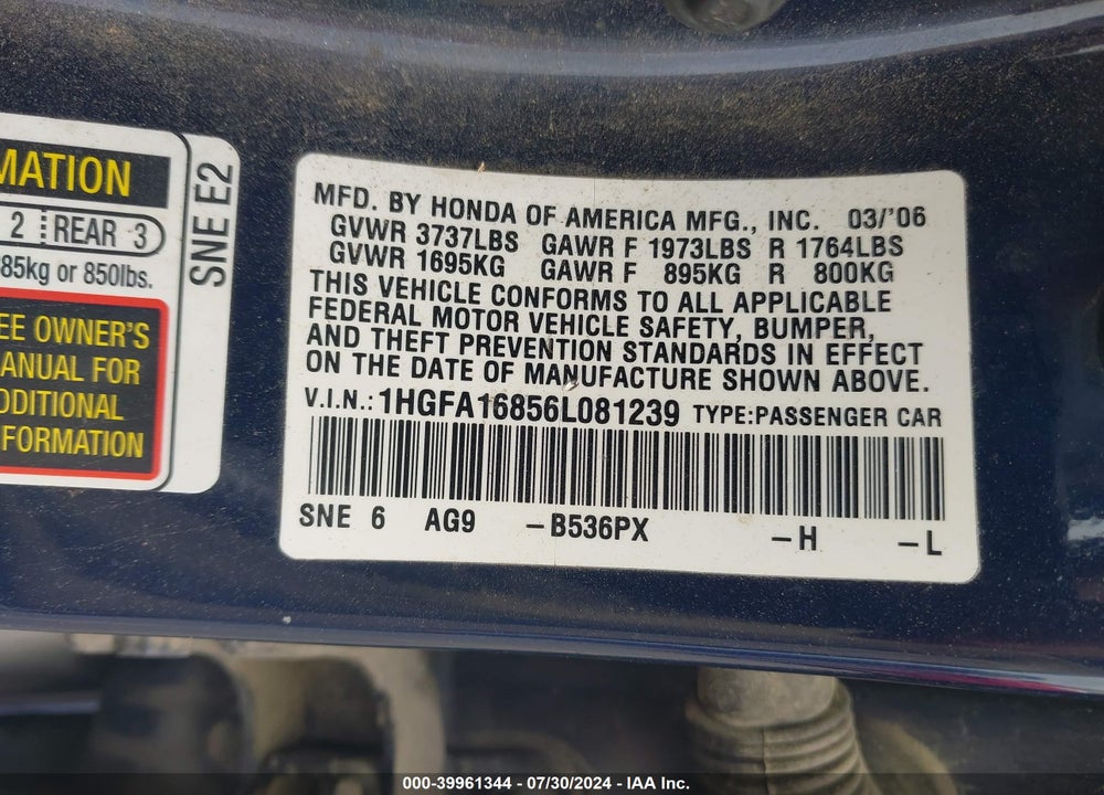 2006 HONDA CIVIC EX VIN: 1HGFA16856L081239