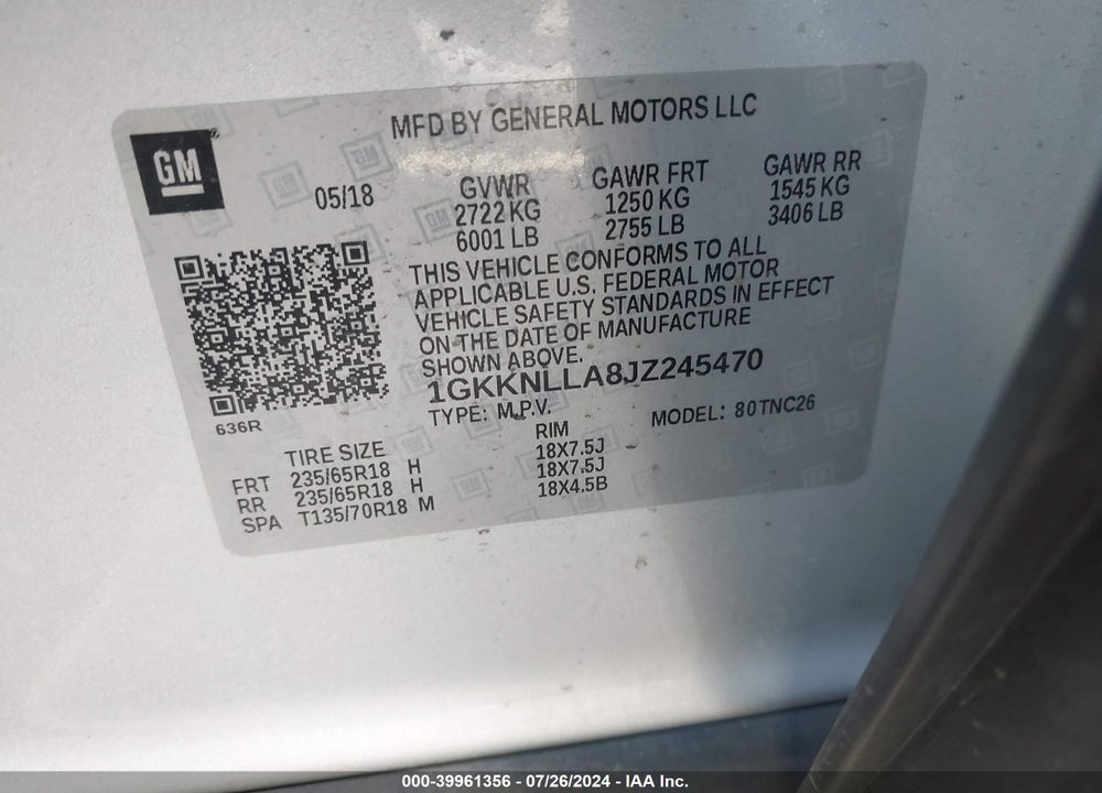 2018 GMC ACADIA SLE-2 VIN: 1GKKNLLA8JZ245470