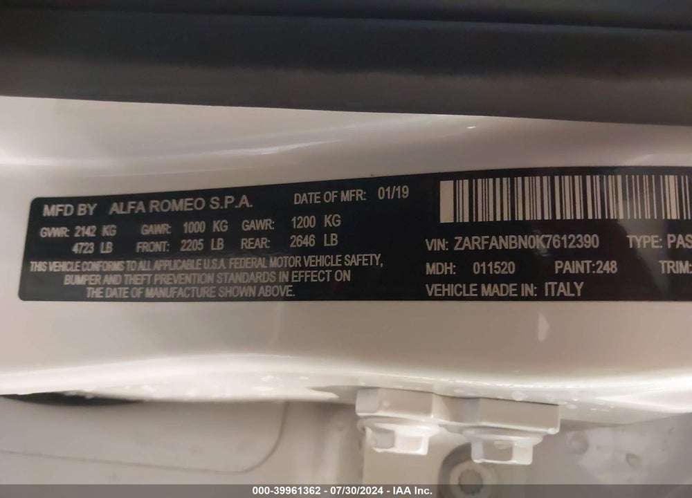 2019 ALFA ROMEO GIULIA TI SPORT AWD VIN: ZARFANBN0K7612390