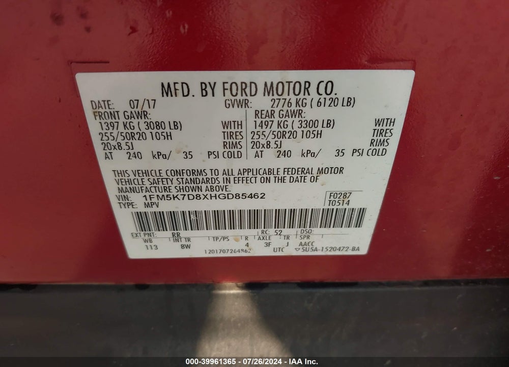 2017 FORD EXPLORER XLT VIN: 1FM5K7D8XHGD85462