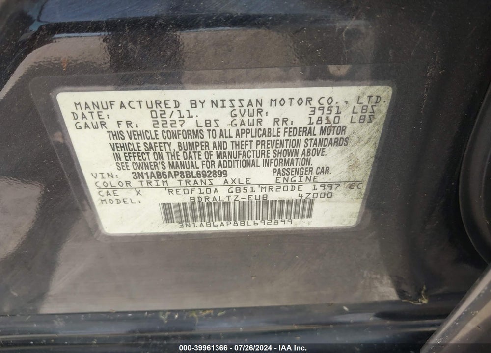 2011 NISSAN SENTRA 2.0S VIN: 3N1AB6AP8BL692899
