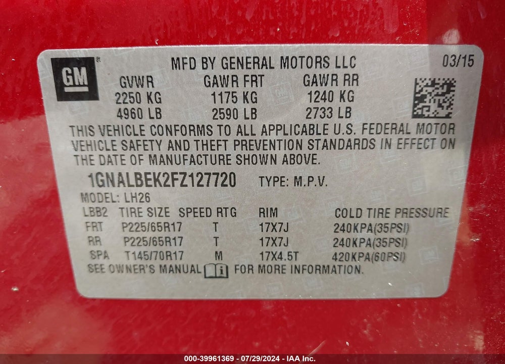 2015 CHEVROLET EQUINOX 1LT VIN: 1GNALBEK2FZ127720