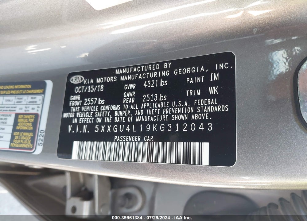 2019 KIA OPTIMA EX VIN: 5XXGU4L19KG312043