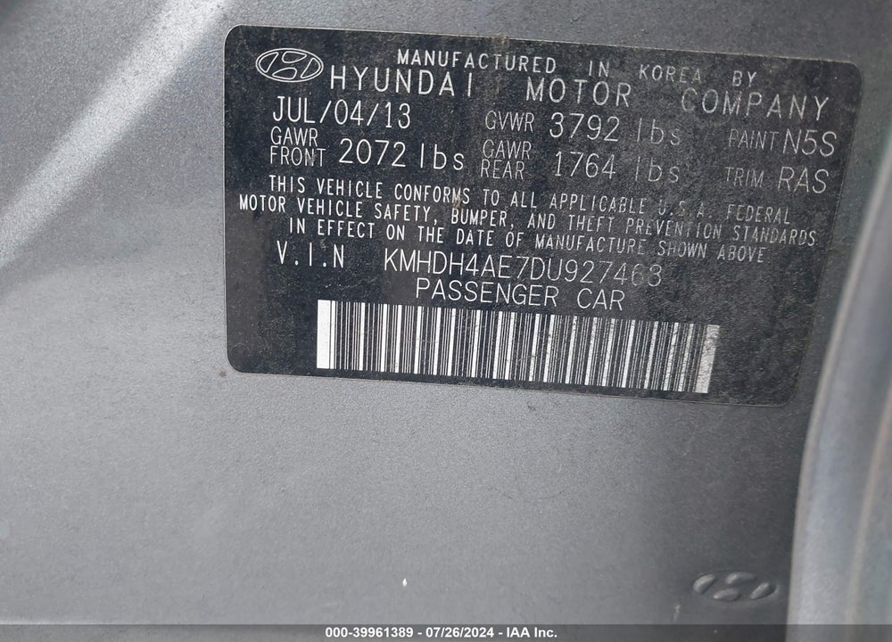 2013 HYUNDAI ELANTRA GLS VIN: KMHDH4AE7DU927468