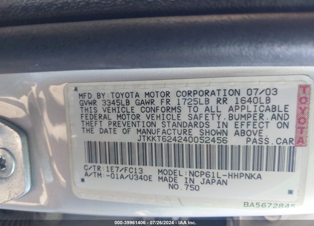 2004 SCION XA VIN: JTKKT624240052456