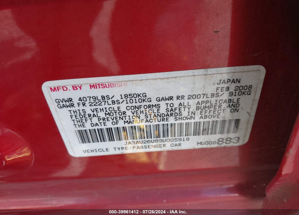 2009 MITSUBISHI LANCER ES/ES SPORT VIN: JA3AU26U89U005918