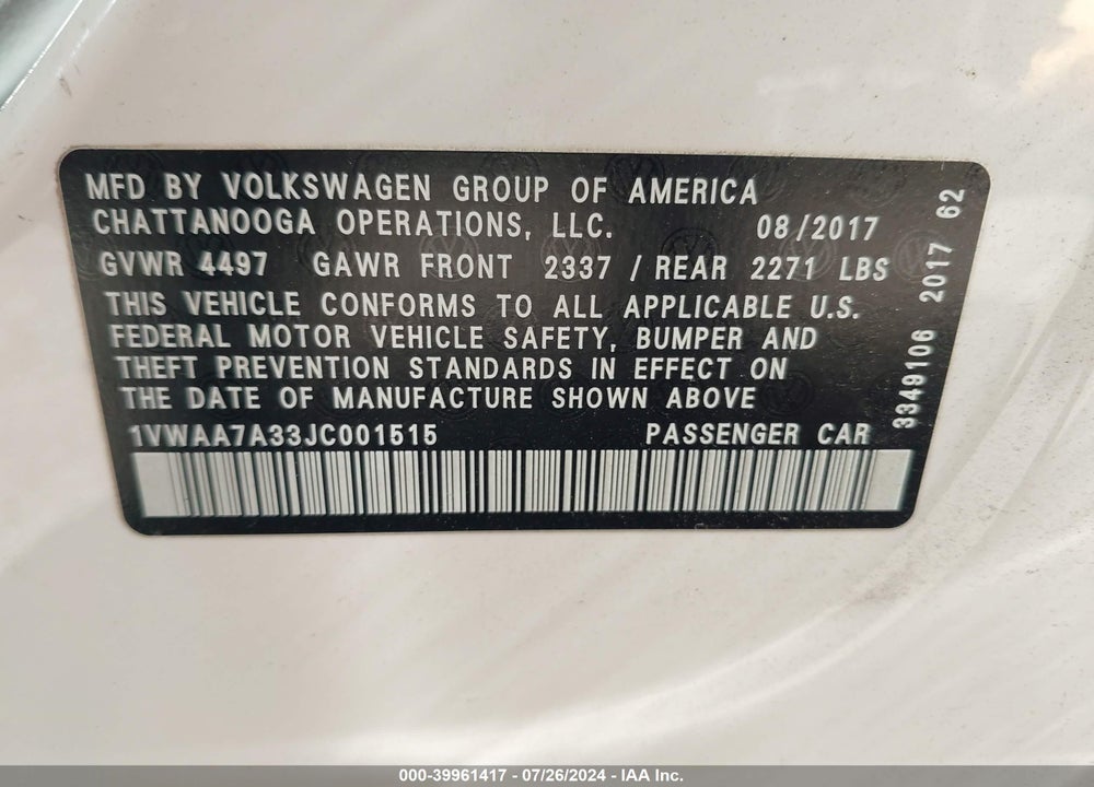2018 VOLKSWAGEN PASSAT 2.0T R-LINE/2.0T S VIN: 1VWAA7A33JC001515