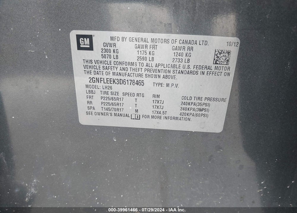 2013 CHEVROLET EQUINOX 1LT VIN: 2GNFLEEK3D6178465