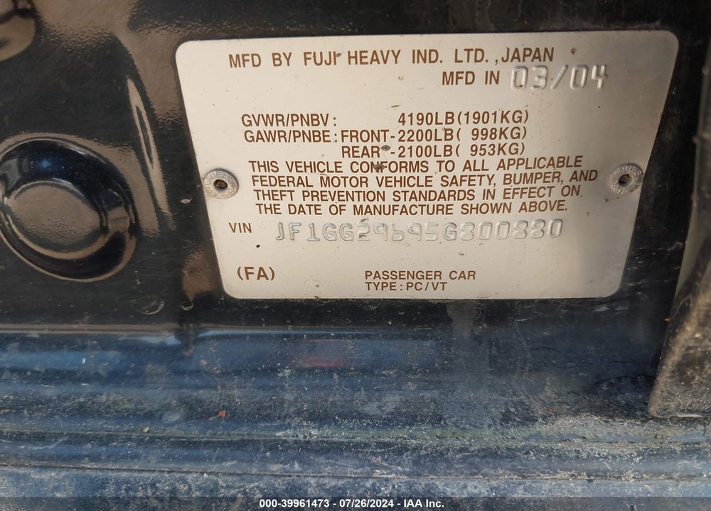 2005 SUBARU IMPREZA WRX VIN: JF1GG29695G800880