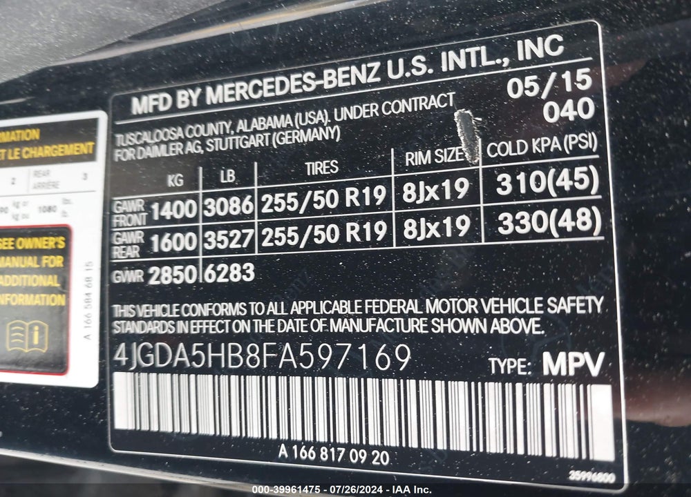 2015 MERCEDES-BENZ ML 350 4MATIC VIN: 4JGDA5HB8FA597169