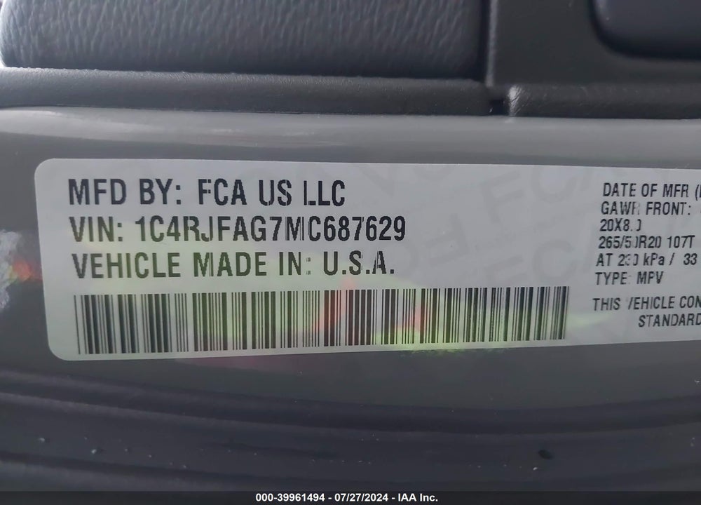 2021 JEEP GRAND CHEROKEE LAREDO X 4X4 VIN: 1C4RJFAG7MC687629