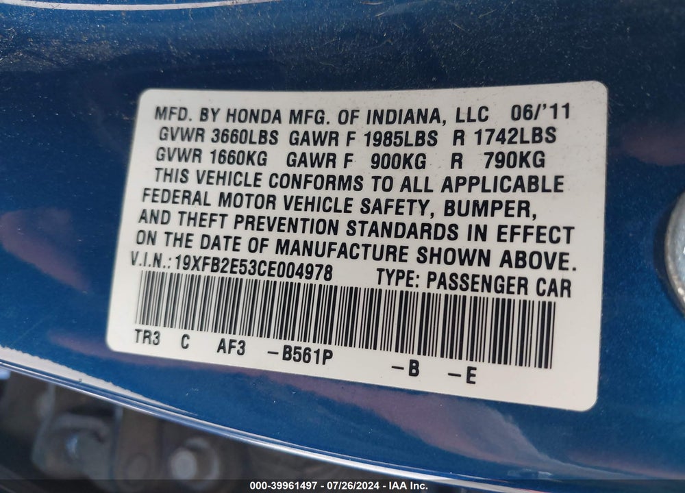 2012 HONDA CIVIC VIN: 19XFB2E53CE004978