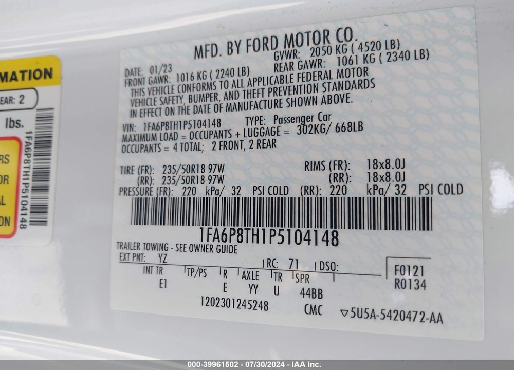 2023 FORD MUSTANG ECOBOOST PREMIUM FASTBACK VIN: 1FA6P8TH1P5104148