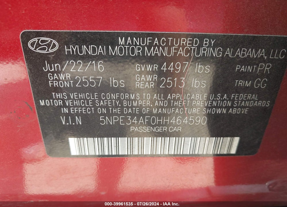 2017 HYUNDAI SONATA SPORT VIN: 5NPE34AF0HH464590
