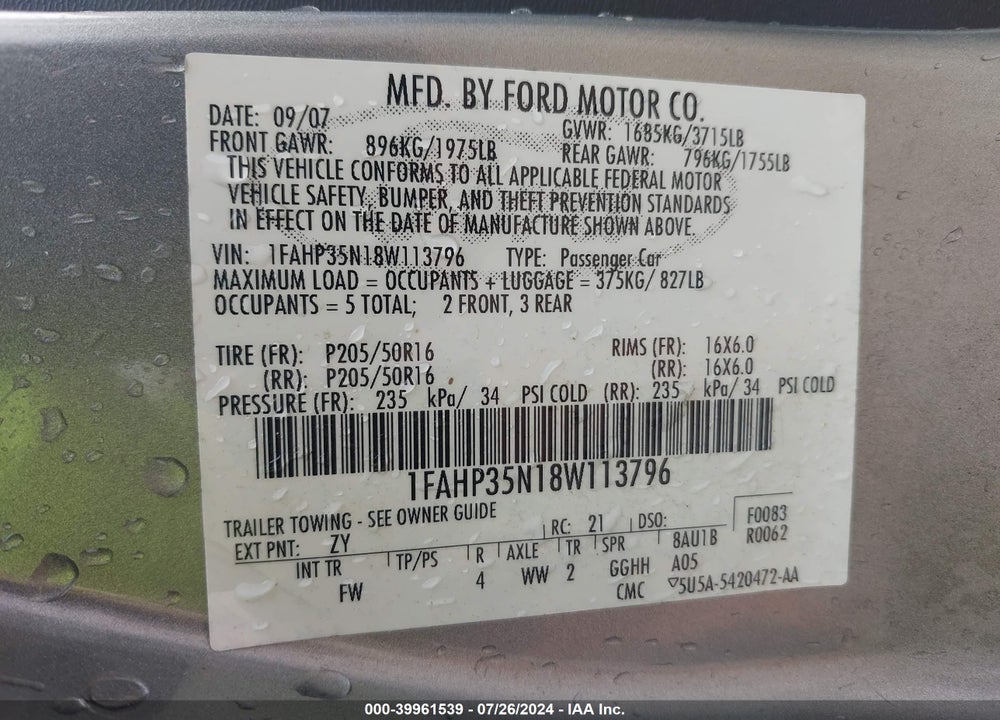 2008 FORD FOCUS SE/SES VIN: 1FAHP35N18W113796