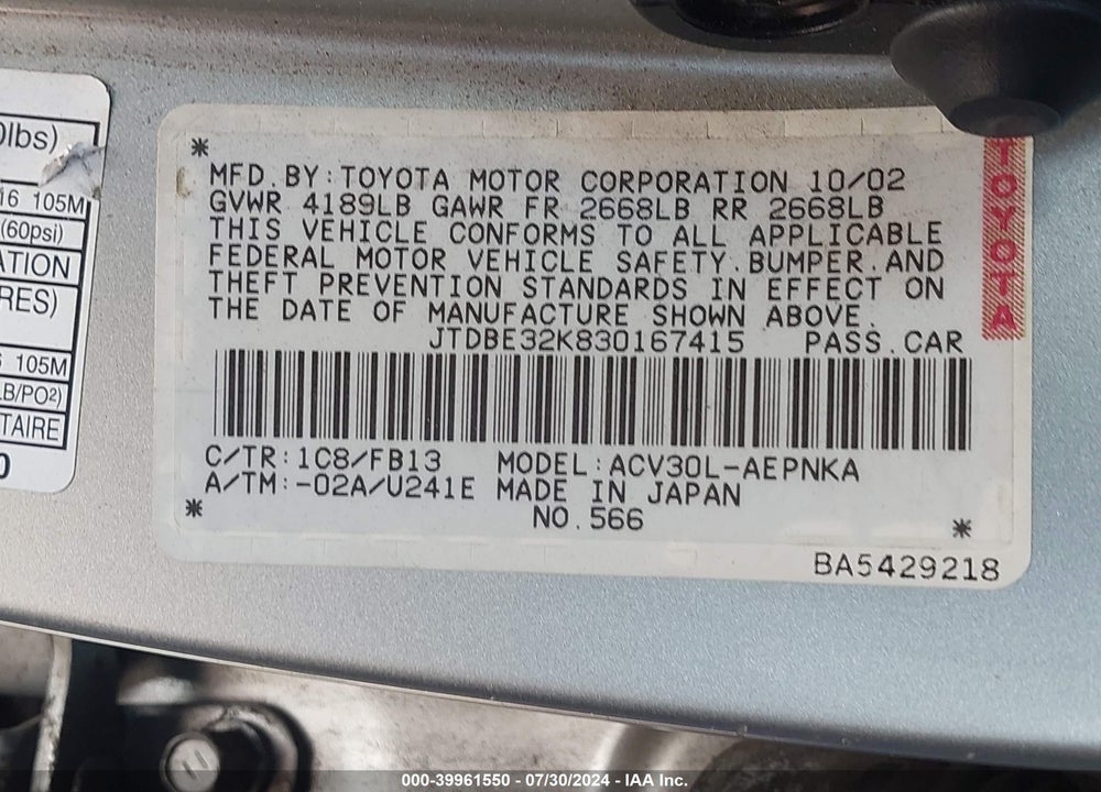 2003 TOYOTA CAMRY LE/SE/XLE VIN: JTDBE32K830167415