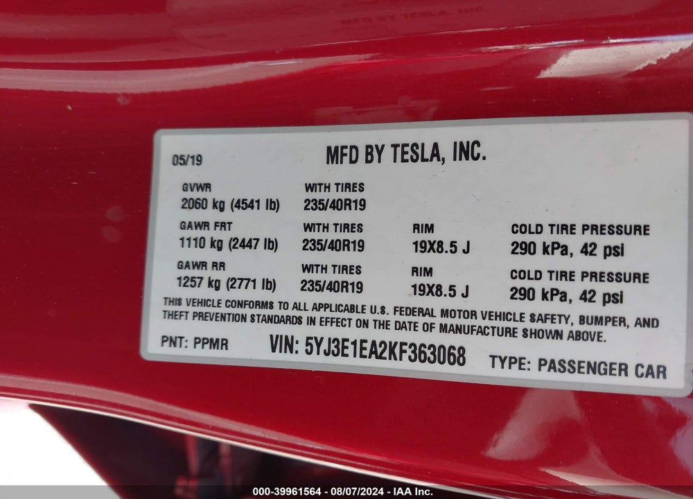 2019 TESLA MODEL 3 LONG RANGE/MID RANGE/STANDARD RANGE/STANDARD RANGE PLUS VIN: 5YJ3E1EA2KF363068