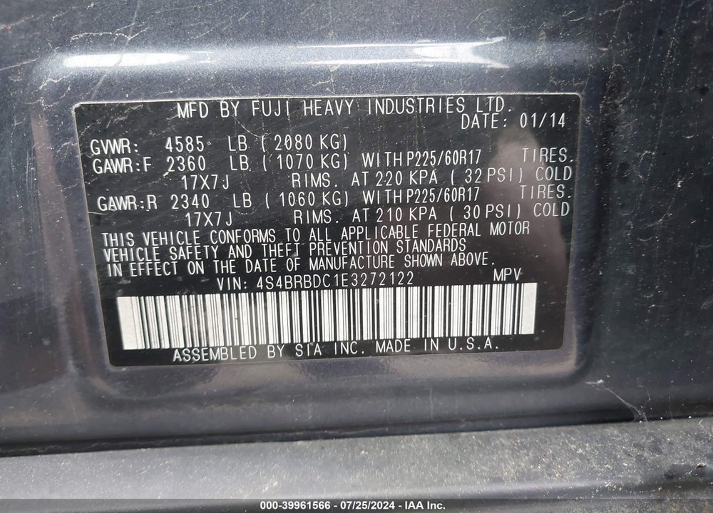 2014 SUBARU OUTBACK 2.5I PREMIUM VIN: 4S4BRBDC1E3272122