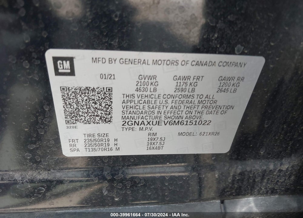 2021 CHEVROLET EQUINOX AWD LT VIN: 2GNAXUEV6M6151022