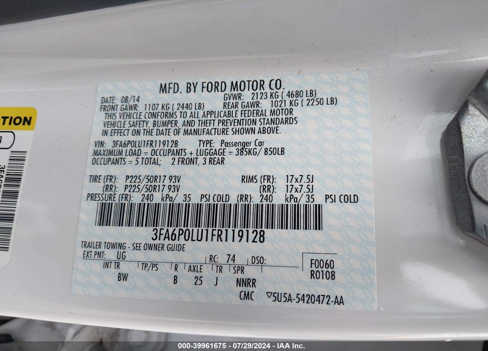 2015 FORD FUSION HYBRID SE VIN: 3FA6P0LU1FR119128