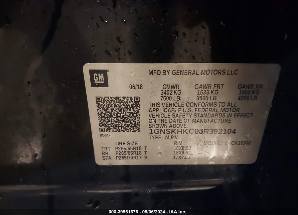 2018 CHEVROLET SUBURBAN LT VIN: 1GNSKHKC0JR392104