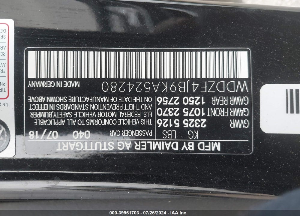 2019 MERCEDES-BENZ E 300 VIN: WDDZF4JB9KA524280