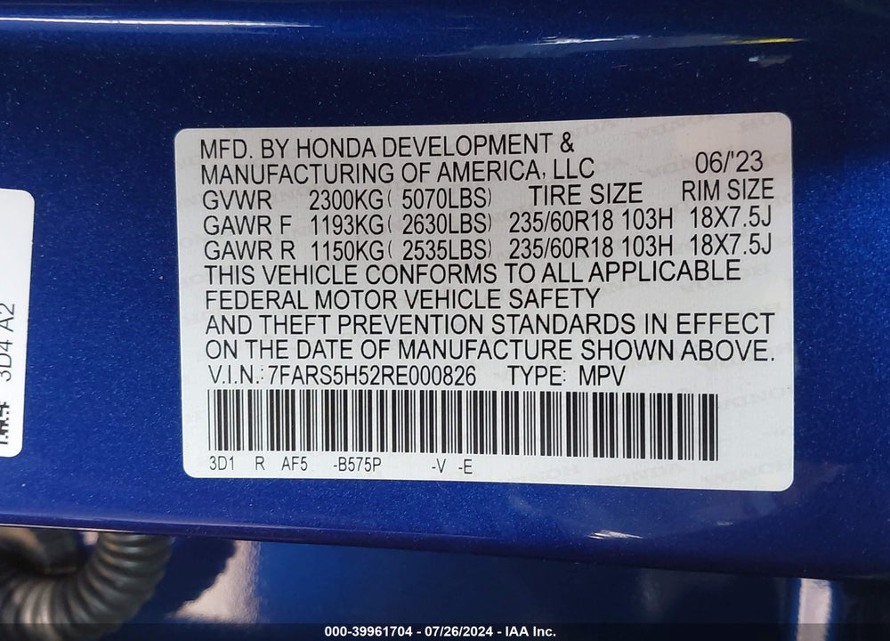 2024 HONDA CR-V HYBRID SPORT VIN: 7FARS5H52RE000826