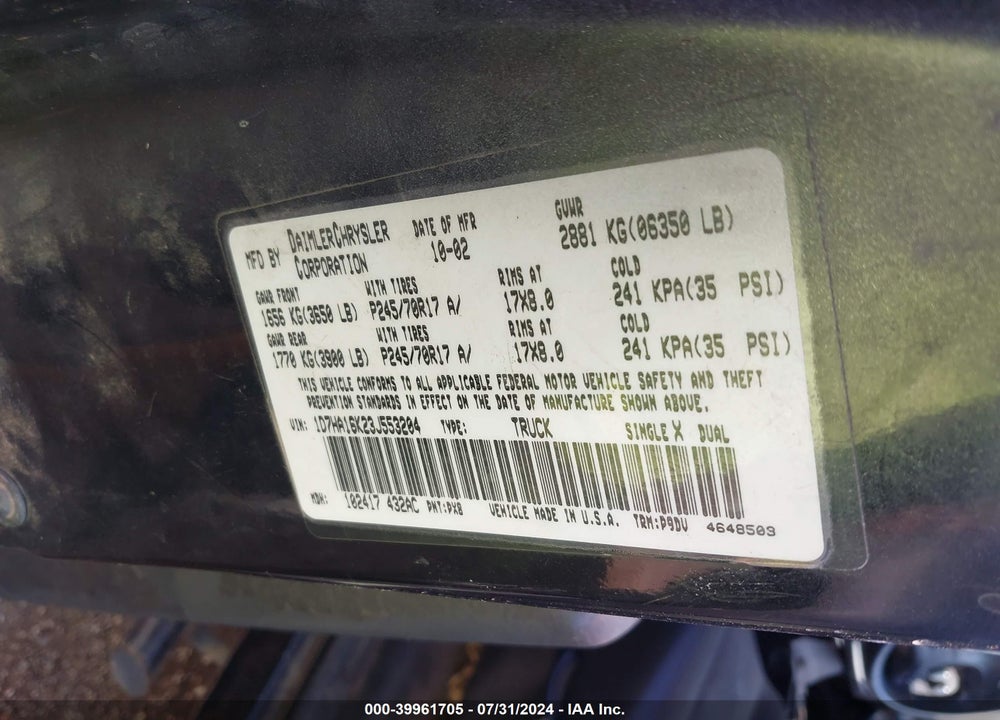 2003 DODGE RAM 1500 ST VIN: 1D7HA16K23J553204