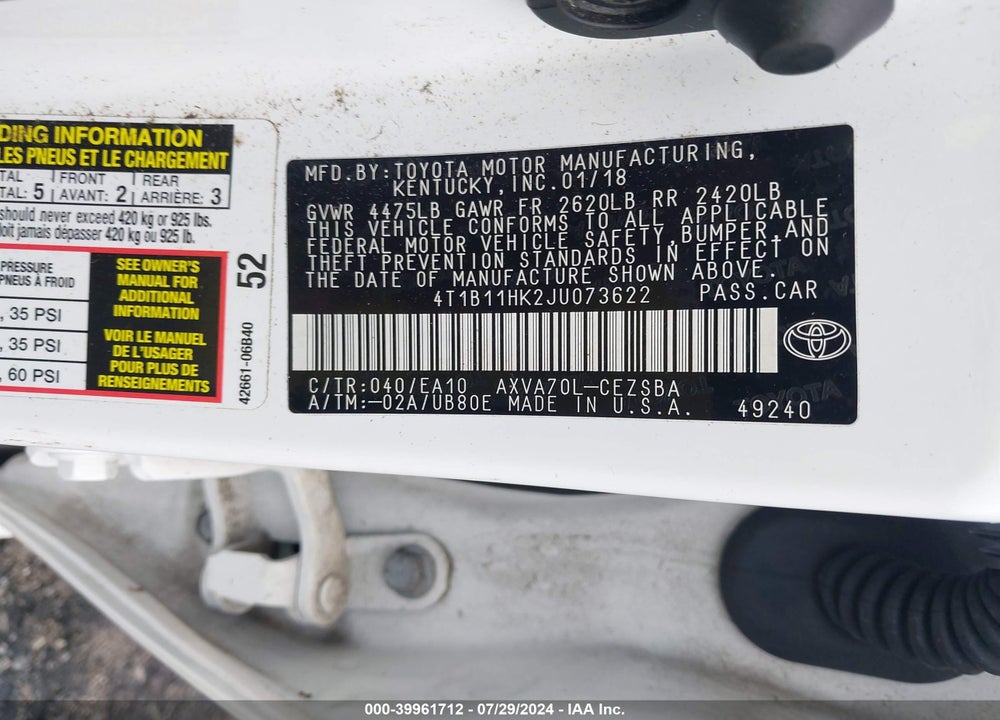2018 TOYOTA CAMRY SE VIN: 4T1B11HK2JU073622