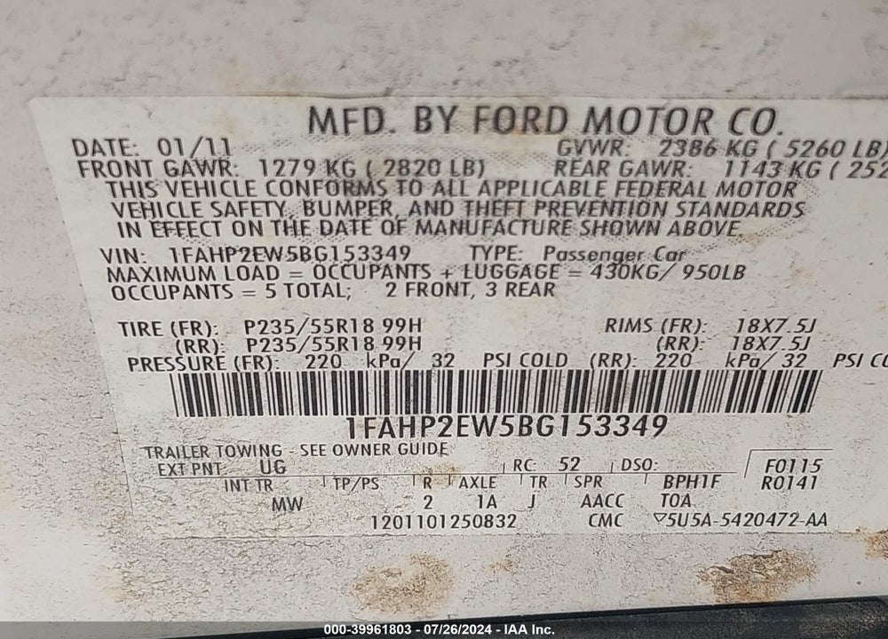 2011 FORD TAURUS SEL VIN: 1FAHP2EW5BG153349