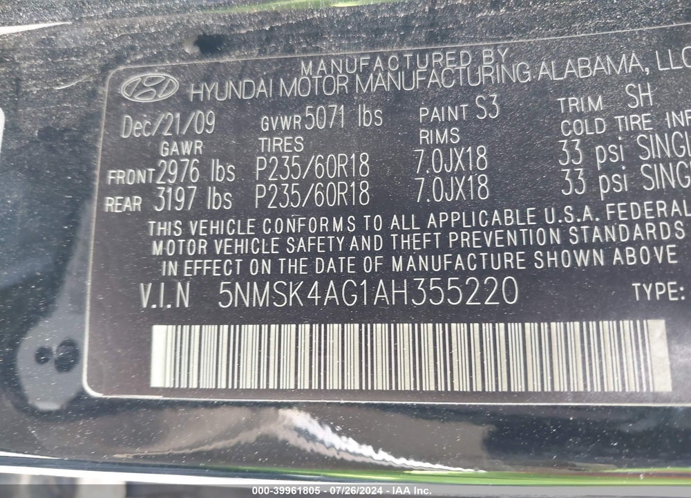 2010 HYUNDAI SANTA FE LIMITED V6 VIN: 5NMSK4AG1AH355220