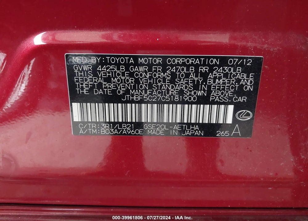 2012 LEXUS IS 250 VIN: JTHBF5C27C5181900