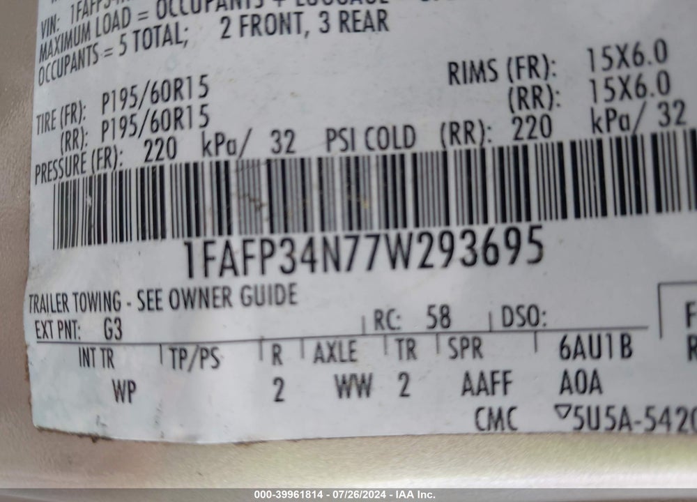 2007 FORD FOCUS S/SE/SES VIN: 1FAFP34N77W293695